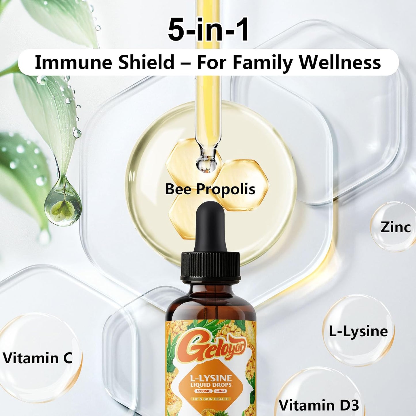 Geloyar L-Lysine Liquid Drops 1200mg - Daily Supplement, Pineapple (60mL)
