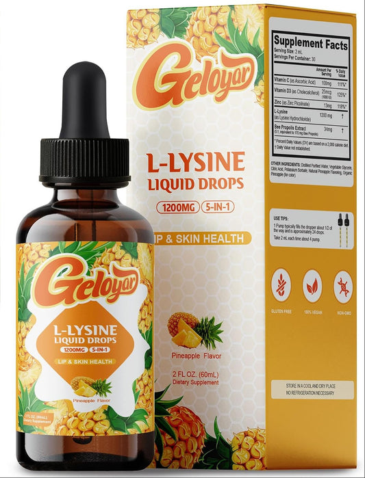 Geloyar L-Lysine Liquid Drops 1200mg - Daily Supplement, Pineapple (60mL)