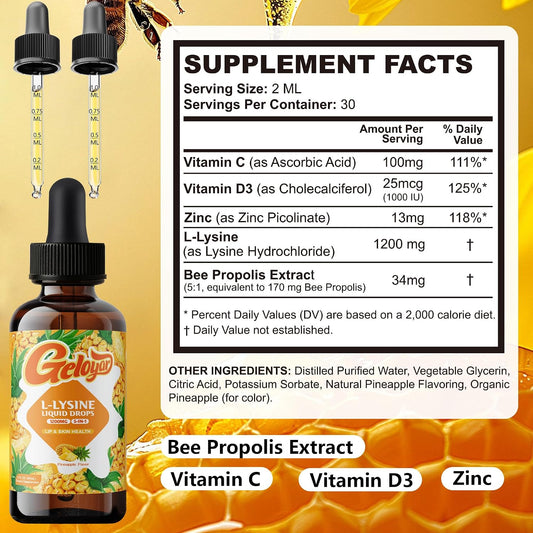 Geloyar L-Lysine Liquid Drops 1200mg - Daily Supplement, Pineapple (60mL)